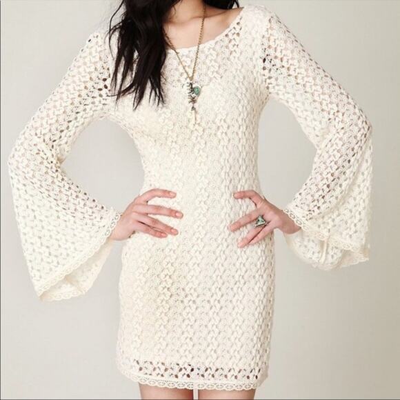 Free People Crochet Bell Sleeve Mini Dress in Cream - Picture 2 of 11